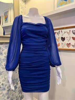 B Darlin Royal Blue Ruched Sheer Puff Sleeve Dress